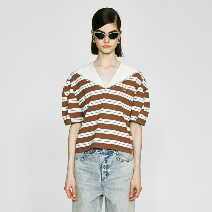 Brown Striped Sailor Collar Shirt